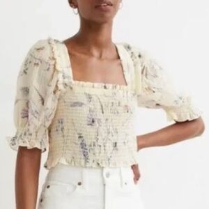 H&M NEW SMOCKED CROP TOP SZ L floral milkmaid crinkle boho festival ruffle cream